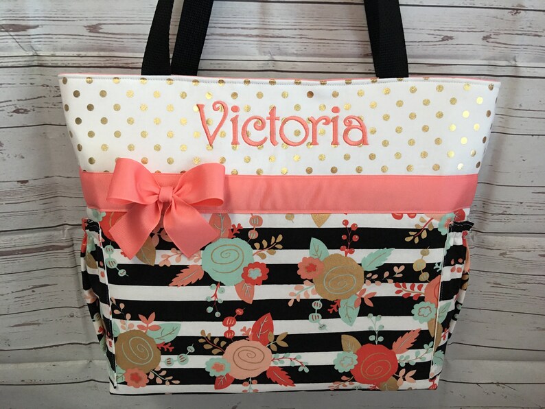 Zipper Available TOTE .. Vintage Roses .. GOLD Roses Dots and Stripes .. Diaper Bag SET.. Personalized Free ...