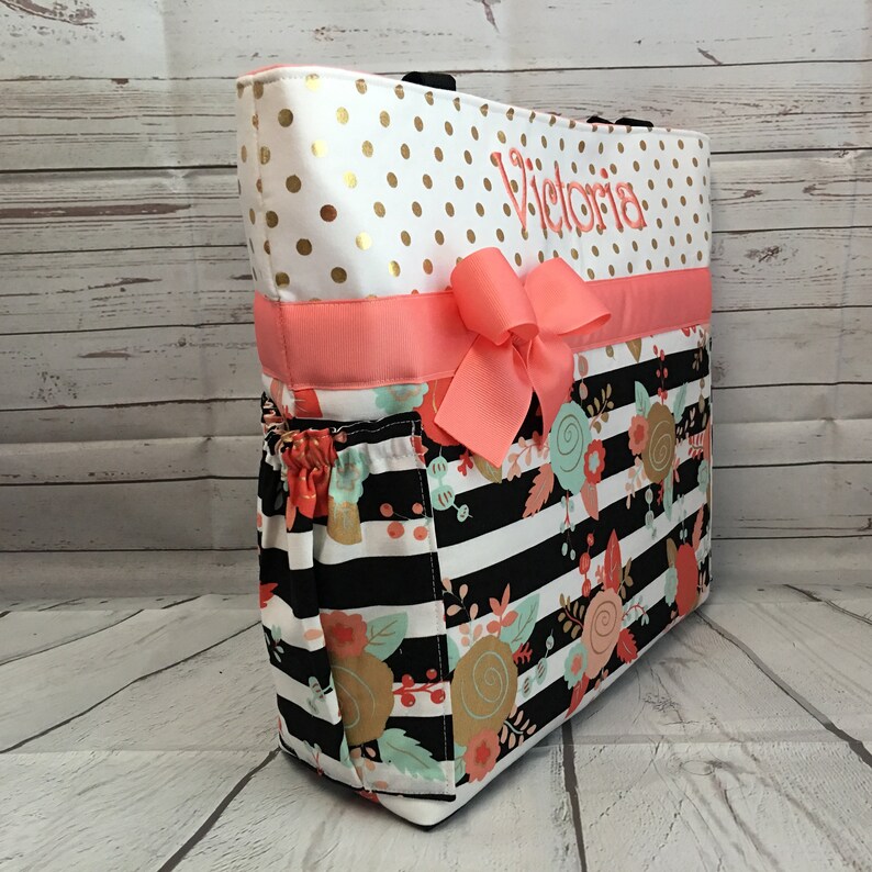 Zipper Available TOTE .. Vintage Roses .. GOLD Roses Dots and Stripes .. Diaper Bag SET.. Personalized Free ...