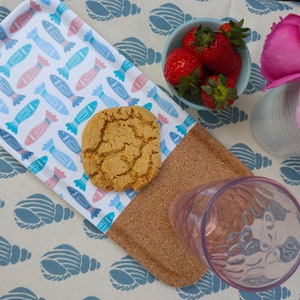 Coastal Serving Tray - Fishes Design in Teal, Coral and Blue, Melamine Birch & Cork
