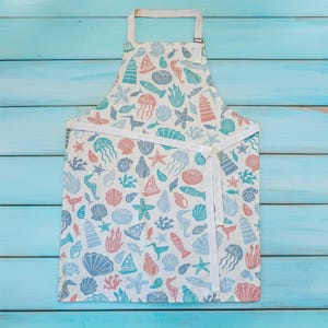 Under the Sea Cotton Apron in Blues, Teal & Coral Coastal Print, Coastal Kitchen Gift, Mix and Match Linens