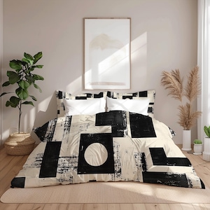 Modern Black and White Geometric Comforter - Abstract Minimalist Bedding - Monochrome Graphic Bedspread - Contemporary Bedroom Decor