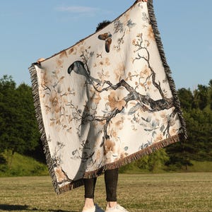 Chinoiserie Bird Tapestry Blanket: Floral Cotton Woven Throw