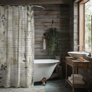 Vintage Script Floral Shower Curtain: Rustic Farmhouse Bathroom Decor