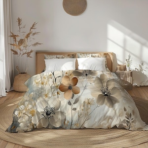 Beige Floral Comforter: Boho Botanical Bedding, Nature Inspired