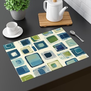 Modern Abstract Cotton Twill Placemat Set, Blue Green 100% Cotton Table Mat, Mid Century Modern Dining Decor, Washable Kitchen Placemats