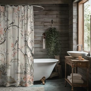 Pale Pink Chinoiserie Shower Curtain, Vintage Asian Inspired Bath Decor, Elegant Bird Floral Curtain, Classic Botanical Bathroom Accessory