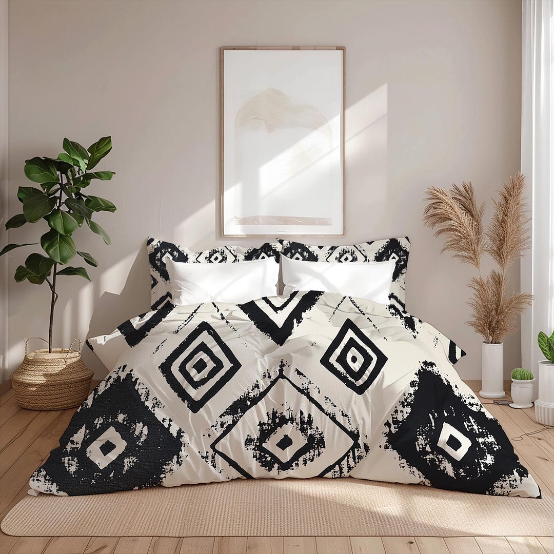 Black and White Boho Bedding Set, Modern Geometric Comforter, Bohemian ...