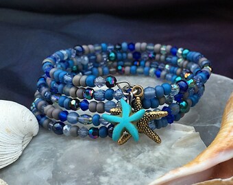 mermaid starfish bracelet - blue beaded bracelet w/ starfish charms, memory wire bracelet