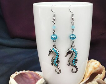 mermaid seahorse earrings - mermaid earrings, blue bead earrings, mermaid accessory, beach wedding