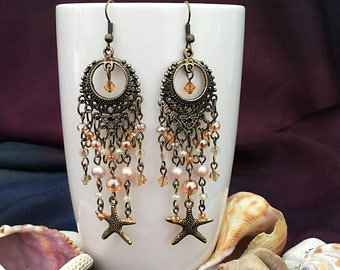 mermaid starfish chandelier earrings - starfish earrings, antiqued bronze with soft peach & topaz, beach bridal, mermaid accessory, sea star