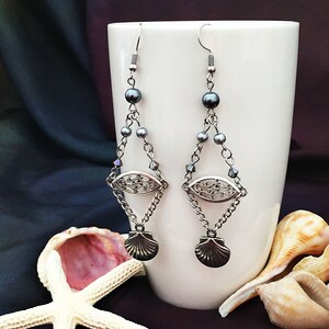mermaid shell & filigree charm earrings with grey crystal and glass pearl beads - mermaid earrings, mermaid accessories, beach bridal