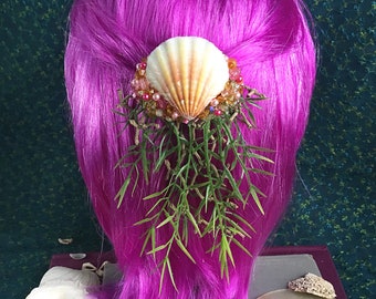 mermaid beaded shell barrette - mermaid hair clip, shell hair clip, mermaid accessories, pink & yellow, beach bridal, bohemian wedding