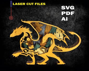 Dragon en couches SVG, fichier mandala découpé en contreplaqué CNC (téléchargement numérique)