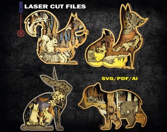 Animals svg, Bear Cub, Rabbit, Squirrel, Fox, Laser Cut, 3D File, 4 Designs - MULTILAYERS