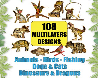 Puede incluir: Una colección de 108 diseños multicapa con animales, aves, pesca, perros y gatos, dinosaurios y dragones. Los diseños tienen forma de varios animales y objetos, con detalles intrincados. Se muestra el texto "108 MULTILAYERS DESIGNS".