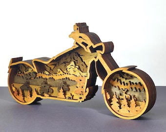 Moto, file tagliati al laser, motocicletta 3D, file laser e file SVG motociclista, decorazione 3D Moto Layer Art per Glowforge - 9 strati