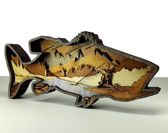 BASS SVG, 3D-houtviskunst, vissers met gelaagde scènes - digitaal bestand - 9-laags artwork voor Glowforge