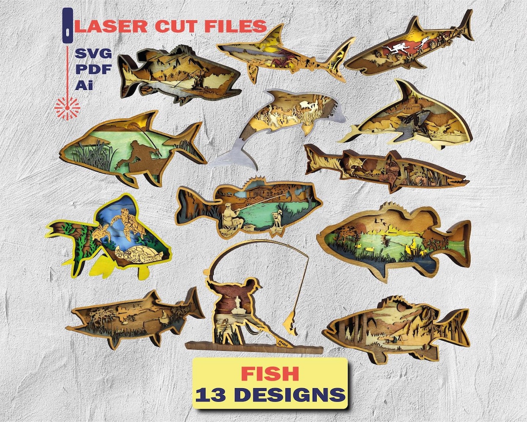 FISH Leyered, 3D, Laser Cut Files, Glowforge, 13 Designs - Digital File ...