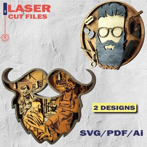 Könnte beinhalten: Lasergeschnittene Dateien mit zwei Designs zum Thema Friseur. Eines ist ein kreisförmiges Design mit einem Friseurgesicht, das andere ein bartförmiges Design mit Friseursalon-Szenen. Der Text "LASER CUT FILES" und "2 DESIGNS" ist enthalten.
