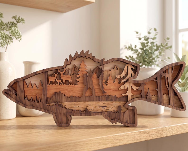 7-lagers abborre, abborre SVG Glowforge, marulk SVG, lagers fiskelandskap, laserklar skärfil bild 3