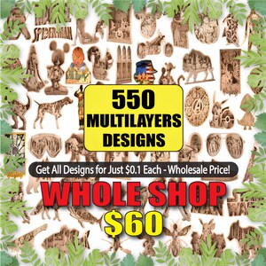 Pu&ograve; includere: Una collezione di 550 design in legno multistrato, tra cui personaggi come Spider-Man e Mickey Mouse. L'immagine mostra il testo "WHOLE SHOP $60". Sono presenti anche varie forme di animali e oggetti.