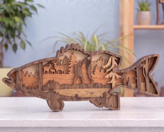 7 Layered Bass Fish, Bass Fish SVG Glowforge, Angler Fish SVG, Layered Fishing Landscape, Laser Ready Cut File