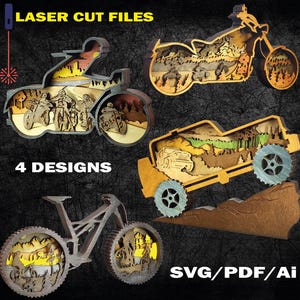 Pode incluir: Quatro designs de madeira cortados a laser: uma motocicleta, uma chopper, um jipe e uma bicicleta de montanha. Cada design apresenta uma cena de paisagem em camadas. O texto "LASER CUT FILES" e "4 DESIGNS" é visível. Os formatos de arquivo são SVG, PDF e Ai.