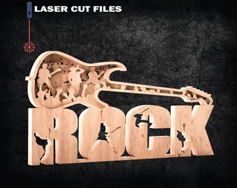 May include: Wooden laser-cut wall art in the shape of a guitar with the word "ROCK" in large letters. The guitar design features a crowd of people at a concert. The text "LASER CUT FILES" is at the top.