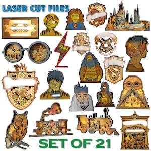 May include: A selection of 21 laser-cut wooden files with diverse designs. The designs include characters, symbols, and scenes from a fantasy series. The text "LASER CUT FILES" and "SET OF 21" are visible.