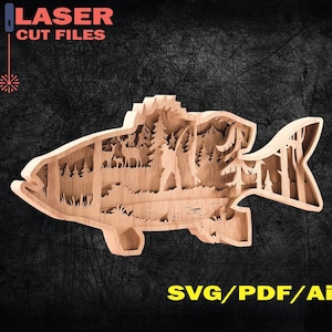 7 Layered Bass Fish, Bass Fish SVG Glowforge, Angler Fish SVG, Layered Fishing Landscape, Laser Ready Cut File