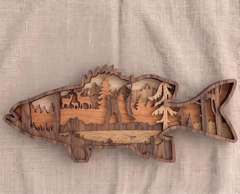 7-lagers abborre, abborre SVG Glowforge, marulk SVG, lagers fiskelandskap, laserklar skärfil bild 2