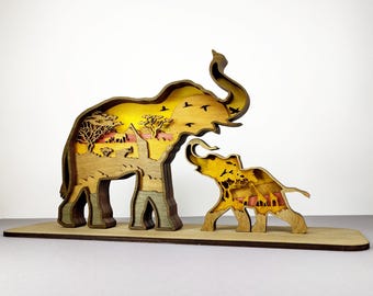 Mom and Baby Elephant, Laser Cut Files - 8 Layered Artwork for Glowforge