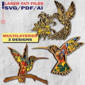 Hummingbird Flowers SVG, Hummingbird Laser Cut File, 3D Layer, Plywood Cutting, Laser Cut Files - MULTILAYERS