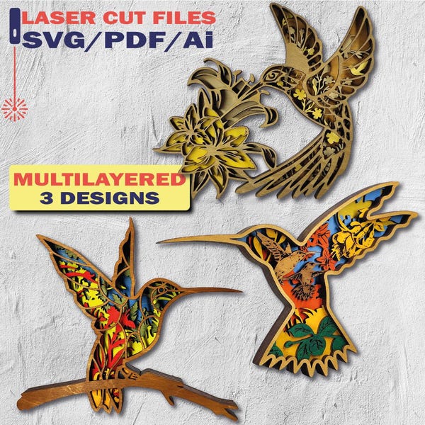 Hummingbird Flowers Laser Cut File, 3D Layered Plywood (SVG, PDF, Ai)
