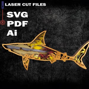 Shark SVG, 3D Wood Fish Art - Digital File - 8 Layer Artwork for Glowforge