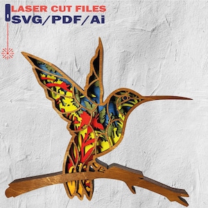 Layered Hummingbird With Flowers Art svg, hummingbird svg, 6 layered artwork for Glowforge, laser cutting files