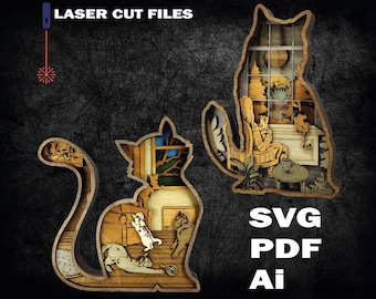 Gato SVG en capas, archivos cortados con láser, caja de sombra 3D (descarga digital)