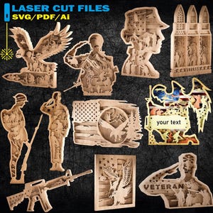 May include: Laser cut files in SVG/PDF/Ai format. The image displays various wooden laser-cut designs, including an eagle, soldiers, and an American flag. The designs are intricately detailed and suitable for crafting projects.