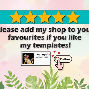 Pu&ograve; includere: Immagine promozionale con un banner turchese e cinque stelle dorate. Il testo invita ad aggiungere il negozio ai preferiti. Un grafico include un cuore e una mano che punta a un pulsante "Segui". Anche il nome del negozio &egrave; visibile.