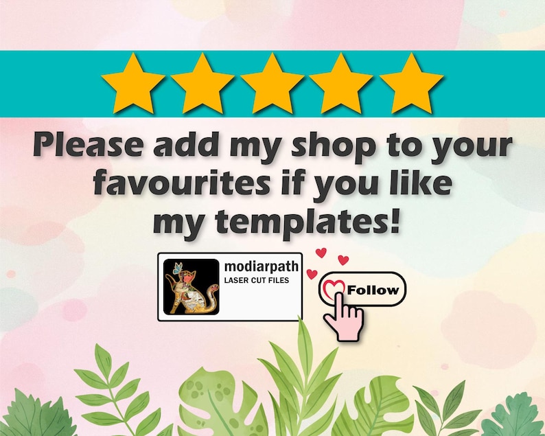 Pu&ograve; includere: Immagine promozionale con un banner turchese e cinque stelle dorate. Il testo invita ad aggiungere il negozio ai preferiti. Un grafico include un cuore e una mano che punta a un pulsante "Segui". Anche il nome del negozio &egrave; visibile.