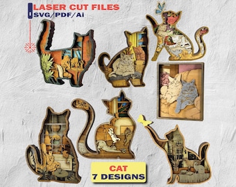 Gato SVG, Gato en capas, Archivos cortados con láser, 7 diseños, Descarga digital - MULTICAPAS