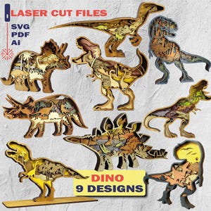 Może przedstawiać: Dziewięć laserowo wyciętych wzorów dinozaurów w różnych pozach i kolorach, w tym T-Rex i Triceratops. Obraz zawiera tekst "LASER CUT FILES" i "DINO 9 DESIGNS". Idealne do projektów rzemieślniczych.