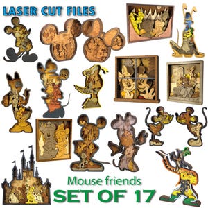 Könnte beinhalten: Eine Sammlung von 17 lasergeschnittenen Holzstücken mit verschiedenen Disney-Charakteren, darunter Mickey und Minnie Mouse. Die Stücke zeigen verschiedene Posen und Szenen. Der Text "LASER CUT FILES" und "Mouse friends SET OF 17" sind sichtbar.
