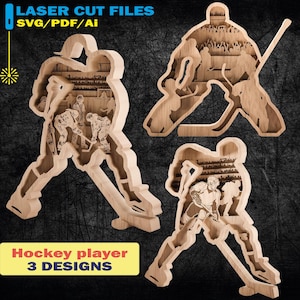 3D Hockey Player, Layered SVG File, Laser Cut File, Sports Gift, Digital Download, Hockey SVG, Plywood Cut, 3 Designs - MULTILAYERS