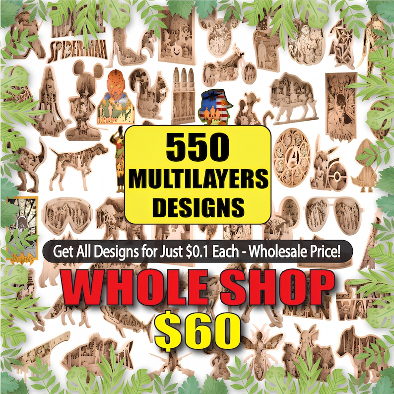 May include: A collection of 550 multilayer wooden designs, including characters like Spider-Man and Mickey Mouse. The image features various animal and object shapes, with text that reads "WHOLE SHOP $60".