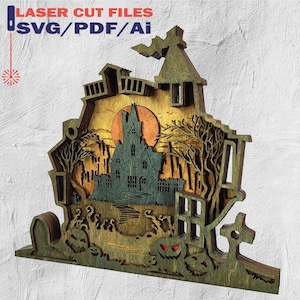 Case di Halloween 3D, decorazioni per la casa di Halloween tagliate al laser, mensola in legno spettrale svg, casa stregata, casa spaventosa, strega, pipistrello - 6 strati