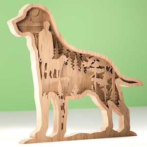 Puede incluir: Obra de arte de madera en capas con forma de perro, con una silueta de una persona y un perro en una escena de bosque. La obra de arte está hecha de madera de color claro y se mantiene erguida.