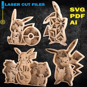 May include: Four wooden laser-cut designs featuring Pikachu and other Pokémon characters. The designs include a Pikachu with a Poké Ball, a Pikachu with a lightning bolt, and other layered designs. The text "LASER CUT FILES" and "SVG PDF Ai" are visible.