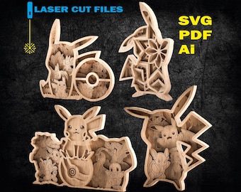 May include: Four wooden laser-cut designs featuring Pikachu and other Pokémon characters. The designs include a Pikachu with a Poké Ball, a Pikachu with a lightning bolt, and other layered designs. The text "LASER CUT FILES" and "SVG PDF Ai" are visible.