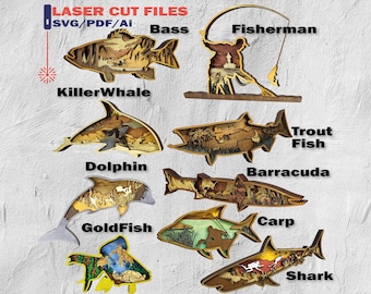 May include: Laser-cut wooden fish and fisherman designs. The image includes a bass, killer whale, dolphin, goldfish, trout fish, barracuda, carp, and shark. The word "Fisherman" is also visible.